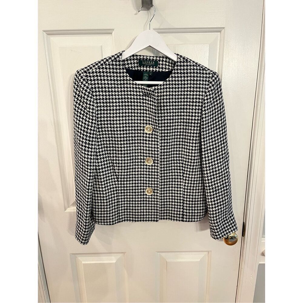Lauren Ralph Lauren Black & White Houndstooth Boxy Linen & Silk Blazer Jacket sz